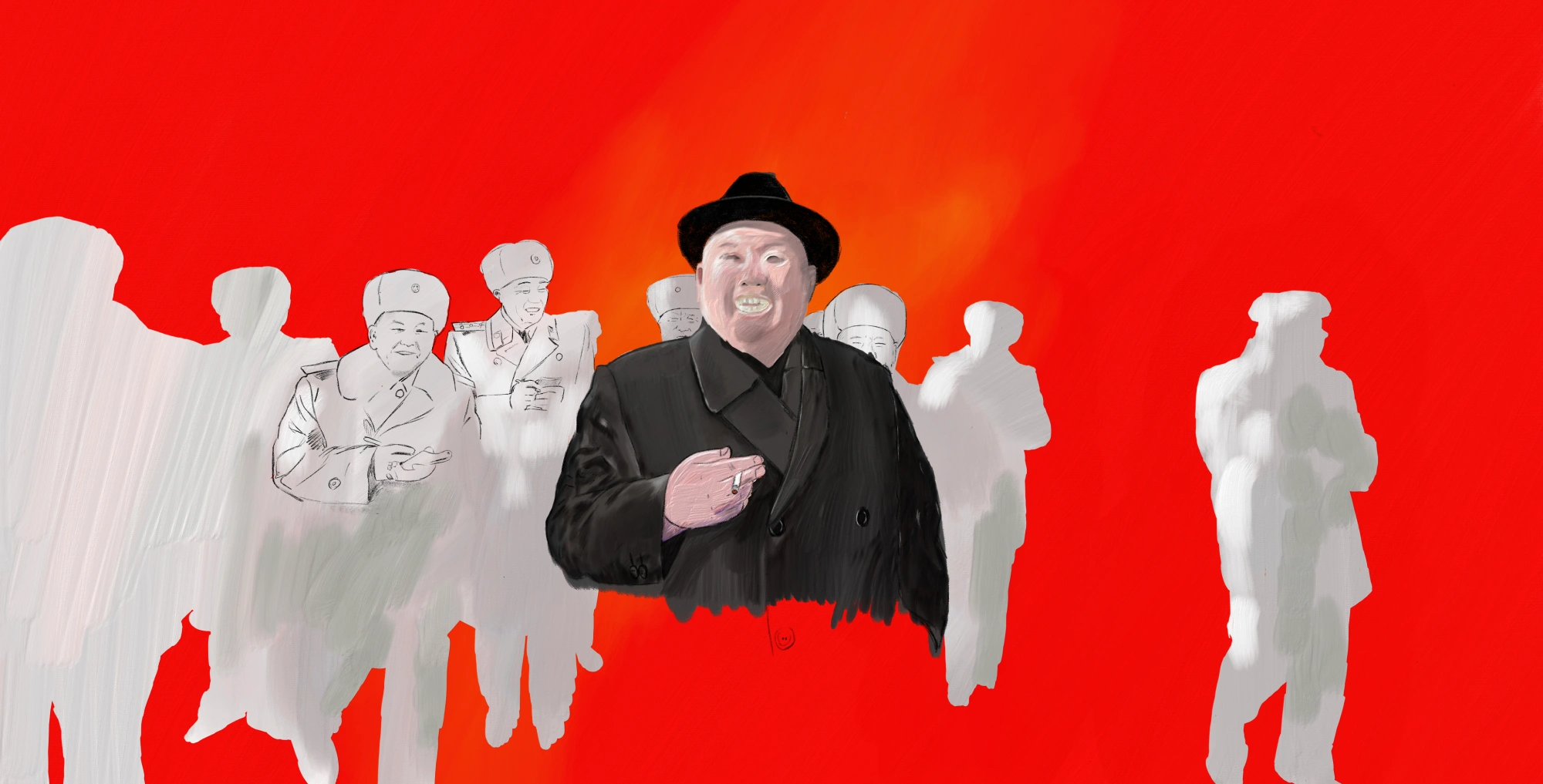 Illustration von Kim Jong Un in dunklem Mantel und Hut vor leuchtend rotem Hintergrund, flankiert von schemenhaften Militärfiguren.